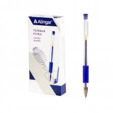 Ручка гелевая Alingar, 0,5 мм, синяя, металлизированный наконечник, резиновый грип, круглый, прозрачный, пластиковый корпус,12 шт., карт. уп.