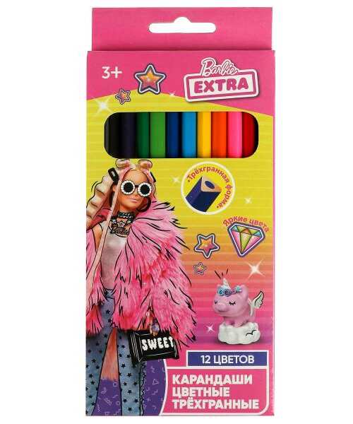 Цветные карандаши Барби 12цв, трёхгран, barbie extra Умка в кор.20*12наб