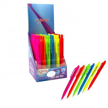 Ручка шариковая, автоматическая Yalong &quot;Неон&quot;, 0,7 мм, синяя, трехгранный, цветной, пластиковый корпус, картонная упаковка 